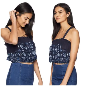 Free People Love Life Bubble Top Womens Size Medium Linen Blend Blue Boho thumbnail 3