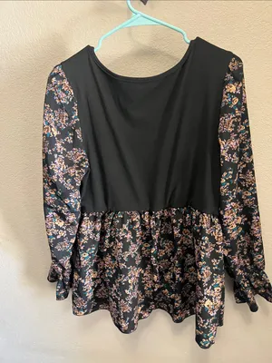 SHEIN Black Floral Peplum Tunic with Pink & Teal Accents thumbnail 6