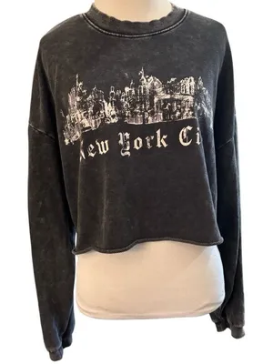 Garage Cropped New York City Sweatshirt Black Washed Graphic Pullover Size L thumbnail 1