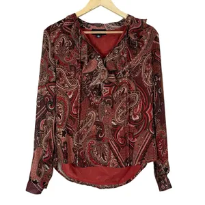 Premise Ruffle Tie Neck Paisley Print Blouse Red Brown Mature Lightweight Size S thumbnail 2