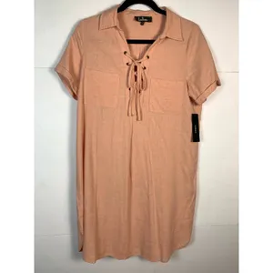 Lulus Dress M NWT Blush Pink Linen Blend Lace Up Shift Midi Pockets Resort thumbnail 2