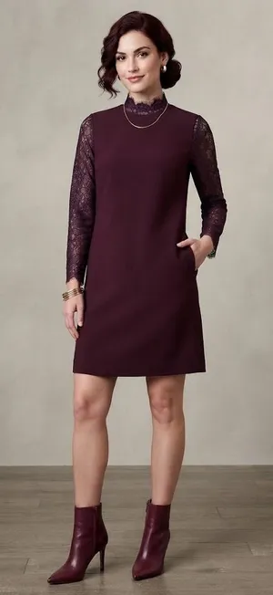 Topshop Purple Solid Lace Long Sleeve High Neck Shift Mini Dress Zip US 2 Formal thumbnail 1