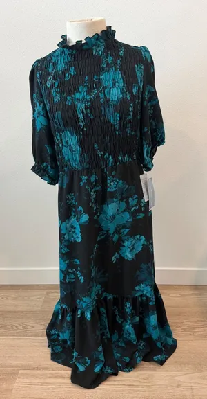 London Times Teal Black Floral Smocked Maxi Dress Puff Sleeve T6020M NWT Size 8 thumbnail 1