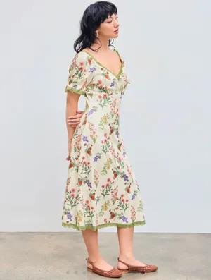 Cider SQUARE NECK STRAWBERRY GRAPHIC CONTRASTING LACE TRIM MIDI DRESS thumbnail 5