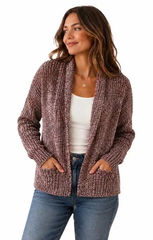 Pink Rose Large Burgundy Marl Open Front Chunky Knit Cardigan Warm Fall Sweater thumbnail 1