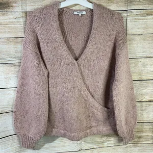 pink chunky knit sweater women size Small wrap front pullover thumbnail 4