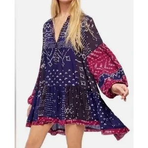 Free People Shibori Balloon Sleeve Tunic‎ Dress XS Patchwork Boho Hippie ~Flaw~ thumbnail 2