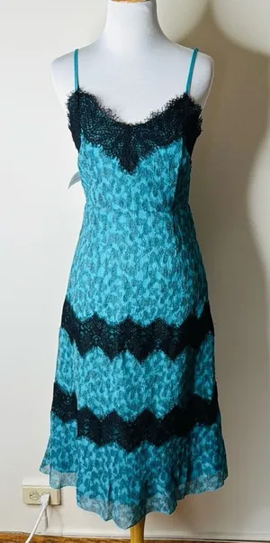 FoxieDox Anthropologie Teal and Black Lace Slip Dress thumbnail 1