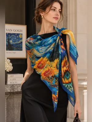 Van Gogh Inspired Starry Night Sunflower Scarf Blue Yellow Art Print Shawl thumbnail 8