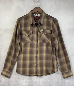 Dixxon Women The Wyatt‎ Shirt Size M Brown Plaid Bamboo Western Rockabilly Ranch thumbnail 1