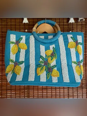 Sol and Mer Beaded Lemon Stripe Canvas Tote Crossbody Bag NWT thumbnail 3