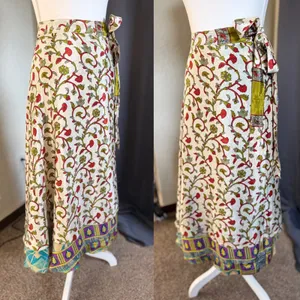 Reversible boho Silk Wrap Skirt Womens OS Turquoise Gold Floral Maxi thumbnail 11