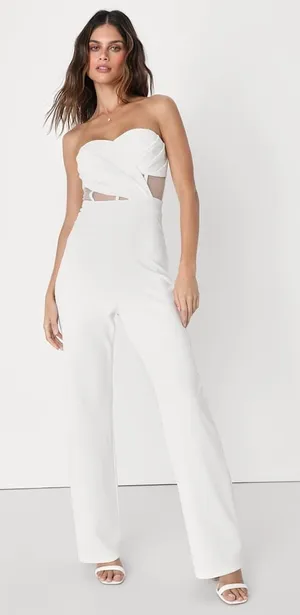 NWT Lulus Surely Stunning Ivory Strapless Bustier Jumpsuit Cut Out Elegant Sz S thumbnail 1