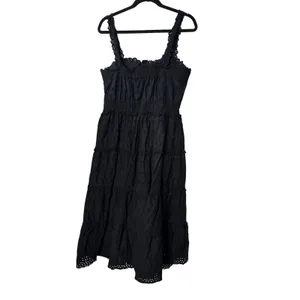 GAP x DOEN Midi Dress Black Cotton Eyelet Tiered Button Front Smocked Waist M thumbnail 7