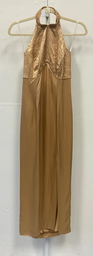 Vintage Jessica McClintock Gunne Sax Gold Satin Halter Maxi Dress Embroidered thumbnail 1