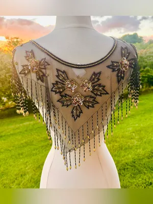 Fina Moda Vintage Beaded Black Mesh Caplet Collar Scarf with Fringe & Sequins thumbnail 3