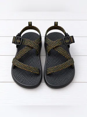 Chaco Z1 Cloud Vibram Black Open Toe Sandals with Green/Gold Pattern Straps thumbnail 2