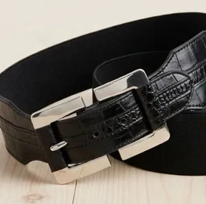 White House | Black Market Black Croc-Embossed Stretch Waist Belt with Silver Buckle thumbnail 1