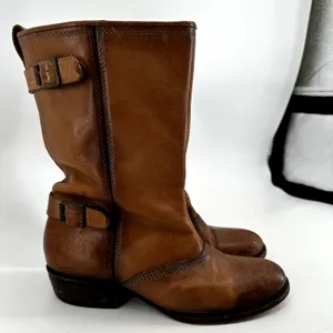 Freebird by Steven Knox Mid Calf Boot Slouch Leather Buckle Stacked Heel Brown 8 thumbnail 3