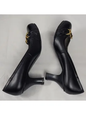 Candies Black Faux Leather Chunky Kitten Heels Pump With Gold Chain Bow Sz 8 M thumbnail 10
