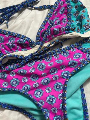 Pink Turquoise Blue Geometric Crochet Trim Triangle Bikini Set Size M Boho Y2K thumbnail 4