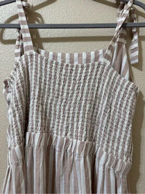 The Limited Linen Blend Tiered Midi Dress XL Beige White Stripe Tie Shoulderboho thumbnail 4