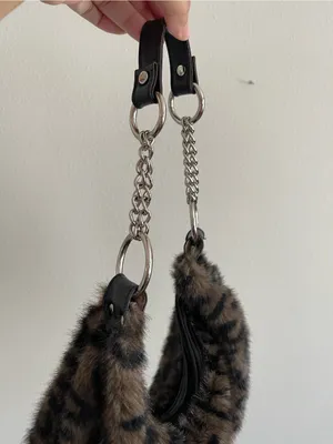 Leopard Print Faux Fur Shoulder Bag with Chain Strap - Brown thumbnail 3
