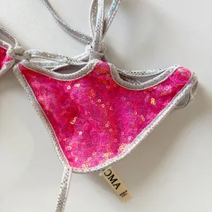 Roma Womens Hot Pink Sequin Scalloped Batwing Festival Rave Bikini Top Size S thumbnail 2