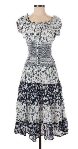 Mixed floral print boho smocked shirred midi maxi patchwork navy white dress thumbnail 1