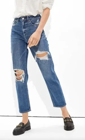 American Eagle Mom Straight Jean Ripped High Rise Jeans Size 0 thumbnail 1