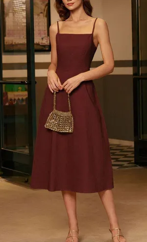 Rihoas Wine Red Square Neck Shirred Slip Midi Dress thumbnail 4