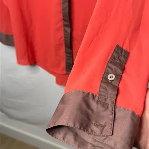 Free People sheer coral satin finish trim button down long sleeve shirt top sz L thumbnail 6