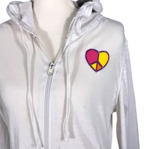 Zip Up Hoodie Womens L White Give From The Heart Rhinestone Peace Graphic thumbnail 5