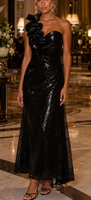 Mac Duggal Black Sequin Ruffled One Shoulder Gown Size 4 thumbnail 1