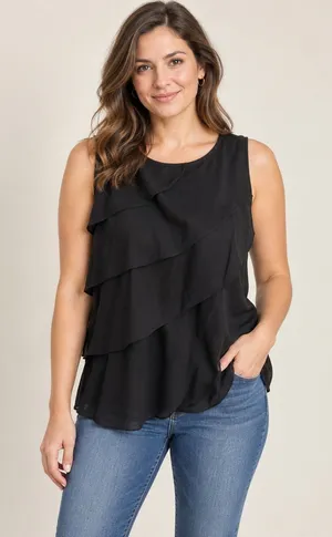 Zara Basic Black Tiered Ruffle Sleeveless Blouse Gold Zip Back Tank Top Medium thumbnail 1