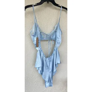 NWT Skims Baby Blue Satin Lace Trim Cut Out Bodysuit Lingerie Size L Sexy Angel thumbnail 2