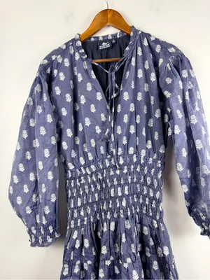 Madison Matthew’s Block Print Smocked Waist midi dress long sleeves size medium thumbnail 2