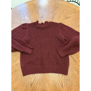 ANA A New Approach Burgundy Pointelle‎ Knit Ruffle Neck Puff Sleeve Sweater M thumbnail 6