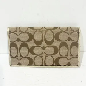 Coach Khaki Brown Gold Signature Cavas Logo Designer Wallet Checkbook Holder‎ thumbnail 5