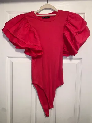 ZARA Pink Puff Sleeve Bodysuit thumbnail 1