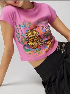 Urban Outfitters baby tee graphic tiger tattoo pure love short sleeve crop top thumbnail 2