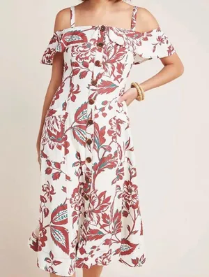 Anthropologie Cream & Red Floral Oahu Off The Shoulder Midi Dress Size 6 thumbnail 1