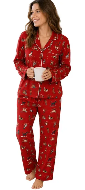 Old Navy Women’s Red Dog Print Pajama Set Button Front Shirt Pants Size Medium thumbnail 1