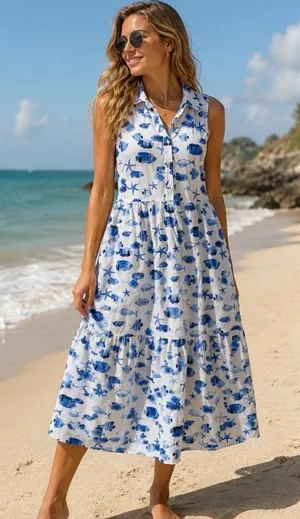 Rachel Zoe Blue White Tropical Fish Starfish Print Tiered Midi Shirt Dress XL thumbnail 1