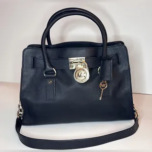 Michael Kors Hamilton Black Leather Bag, Gold-tone Hardware, Lock and Key thumbnail 2
