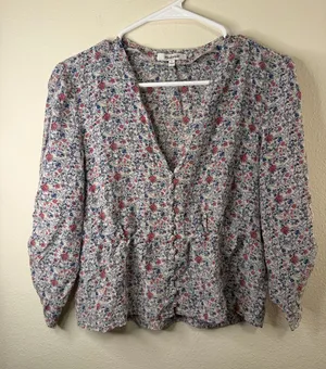 Madewell Cream Floral Button-Front Peplum Top with Pink & Blue Accents thumbnail 1
