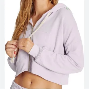 WILDFOX Hoodie Cropped Jacket‎ Large Purple Embroidered Flowers Zip Front Pastel thumbnail 5