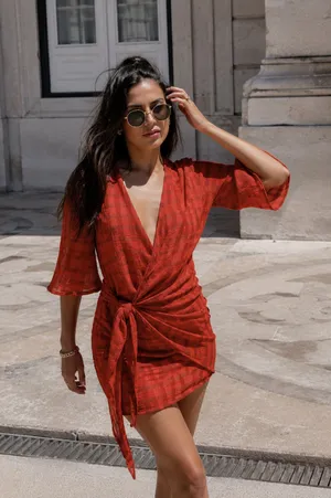 Zara Rust Orange Plaid Wrap Tie Mini Dress Deep V Boho Festival Cottage Peasant Size M thumbnail 1