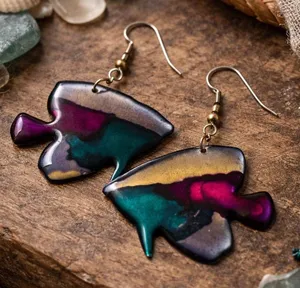 Vintage Nautical Iridescent Tropical Fish Dangle Earrings | Abstract Art Jewelry thumbnail 1