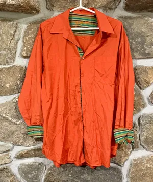Y2K Early 2000s Orange Bugatchi Long Sleeve Button Down Top w/ Green Striped Accents thumbnail 1